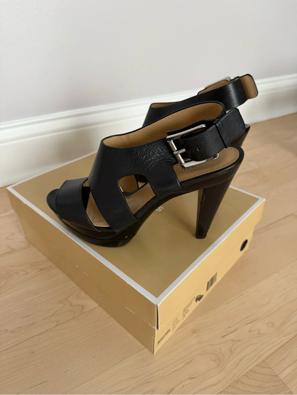 Michael Kors Black Leather Cutout Buckle High Heel Sandals